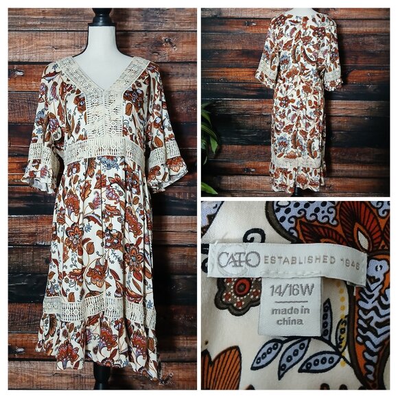 Cato Peasant Dress 14 16 W Boho Rayon Crochet Flared Half Bell Sleeve Midi - Picture 1 of 9